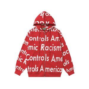 Red lettering Denim Tears zip-up hooded jacket